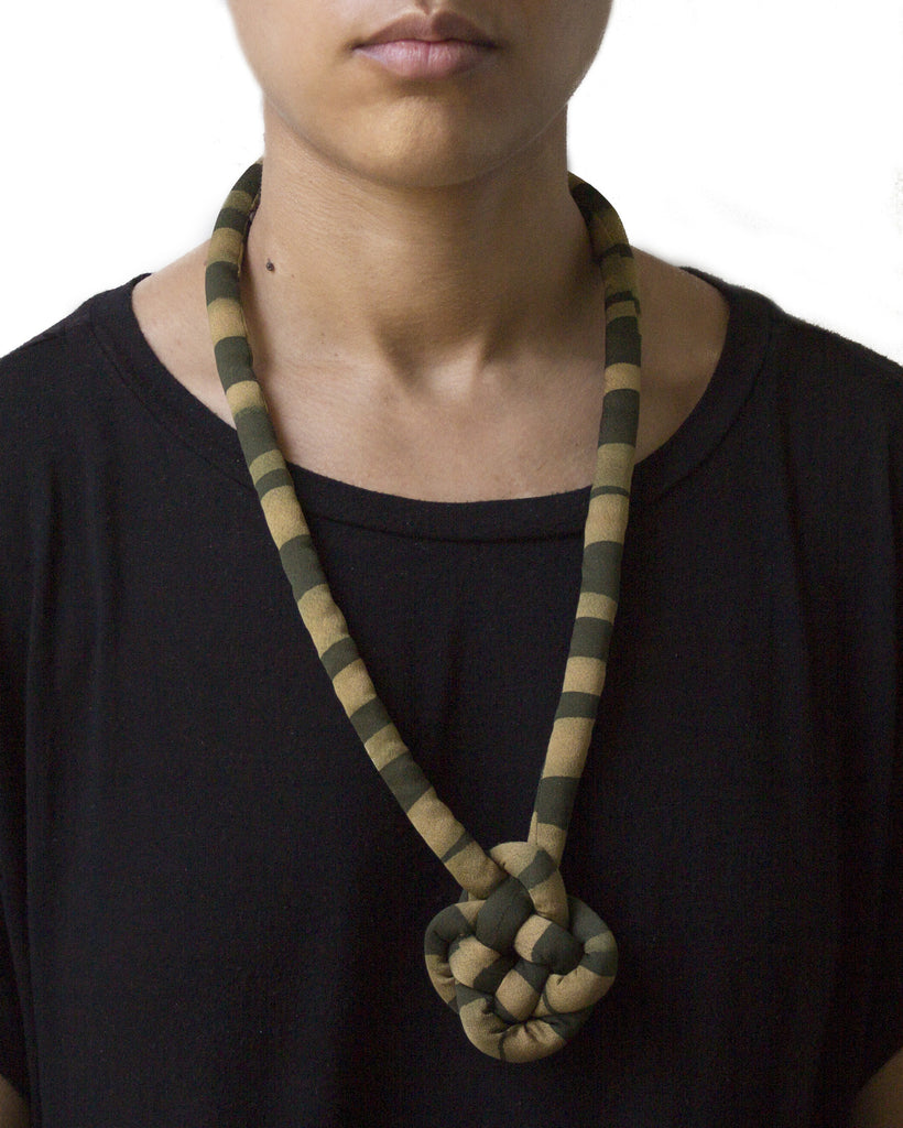 handmade round carrick mat knotted necklace with brass closure. multi color gold green black brown khaki stripe print silk from vintage kimono.