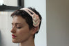 handmade knotted headband with elastic closure. pink and white silk from a vintage kimono. woven chrysanthemum jacquard texture 