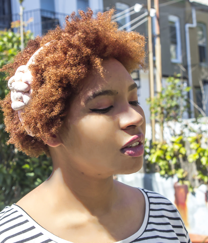 handmade knotted headband with elastic closure. pink and white silk from a vintage kimono. woven chrysanthemum jacquard texture 