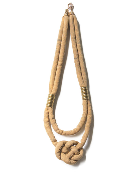 handmade multi strand knotted pendant necklace with brass beads and closure. multi color orange and blue grey suminagashi marbled silk print.