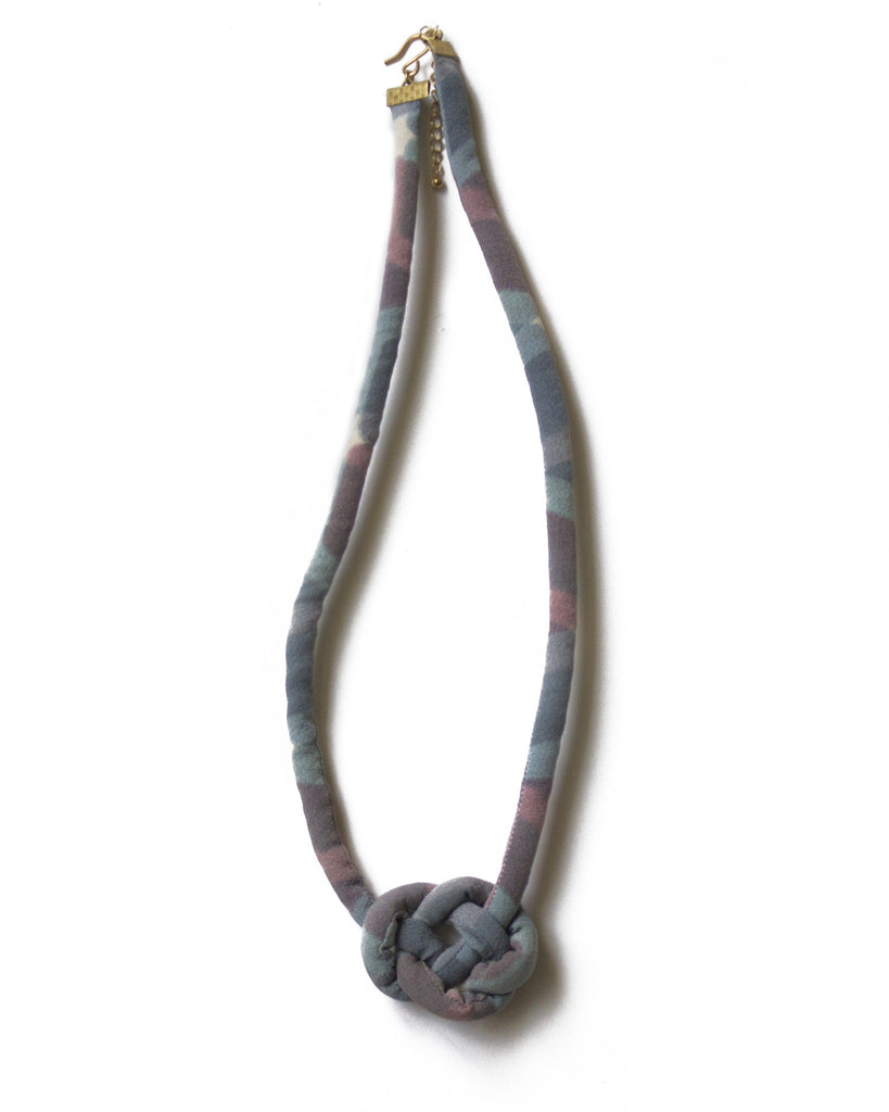 handmade single carrick bend knotted necklace with brass closure. multi color pastel red white blue stained glass print silk from a vintage kimono.