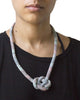 handmade single carrick bend knotted necklace with brass closure. multi color pastel red white blue stained glass print silk from a vintage kimono.
