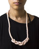 handmade braid knotted necklace with brass closure. multi color light baby pink and white geometric triangle print silk from a vintage kimono.