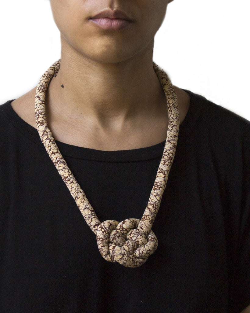 handmade single carrick knotted necklace with brass closure. abstract multi color marbled stone suminagashi print silk from a vintage kimono. brown cream