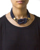 handmade square knotted choker necklace with brass beads and closure. navy silk.